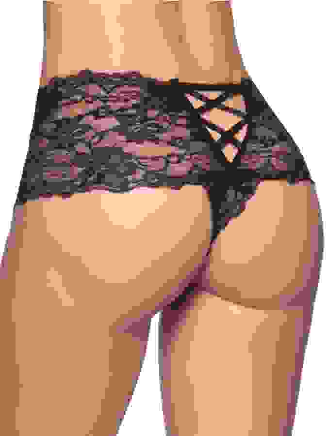 Oh La La Cheri Lace Crotchless Knickers, Black, hi-res